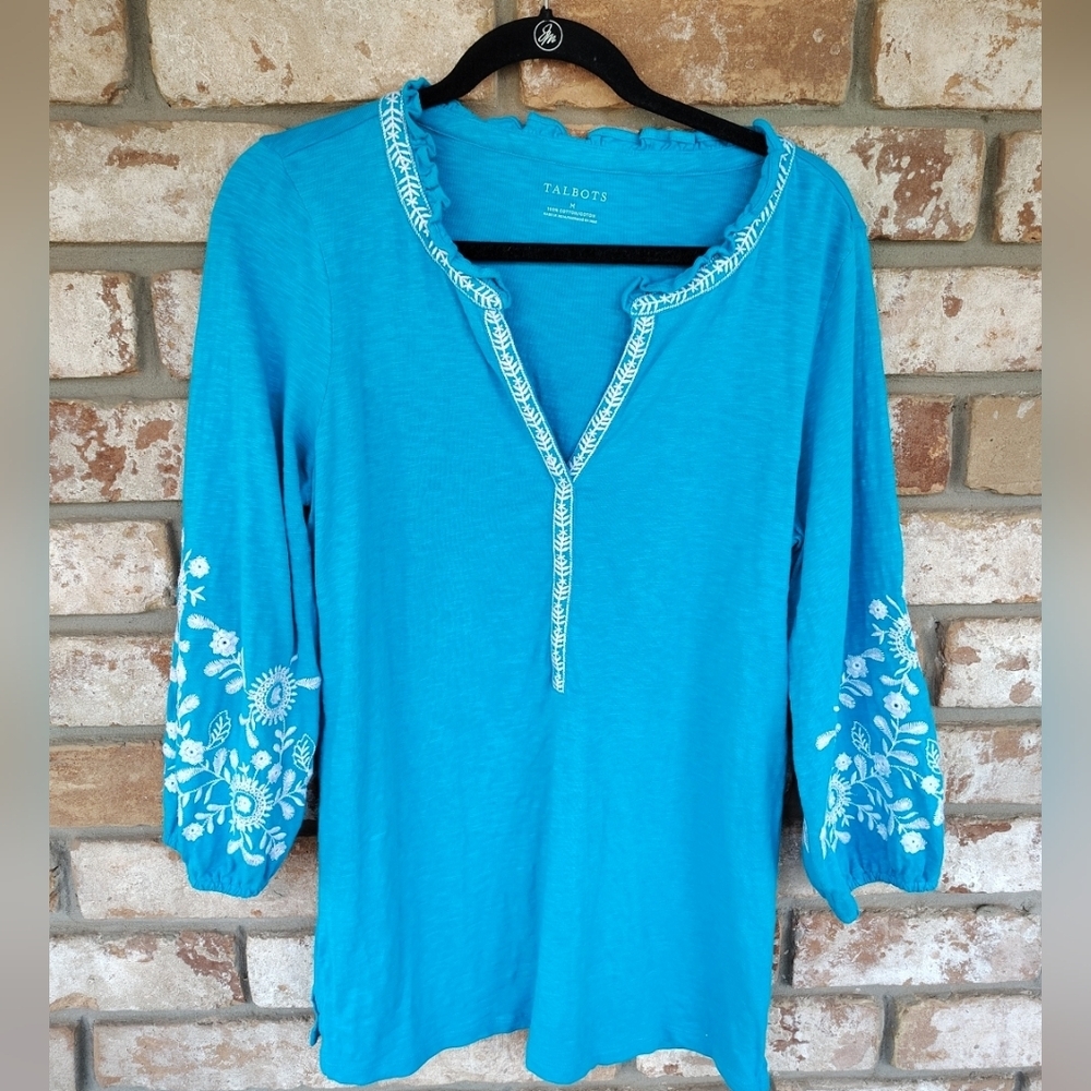 Talbots Embroidered Turquoise V- Neck Long Sleeve Tunic Top Sz M Boho Resortwear